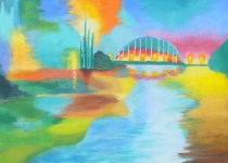 Grafik: Farblandschaft mit Brücke
