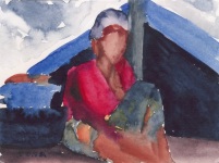 Grafik: Sitzende Frau mit roter Bluse